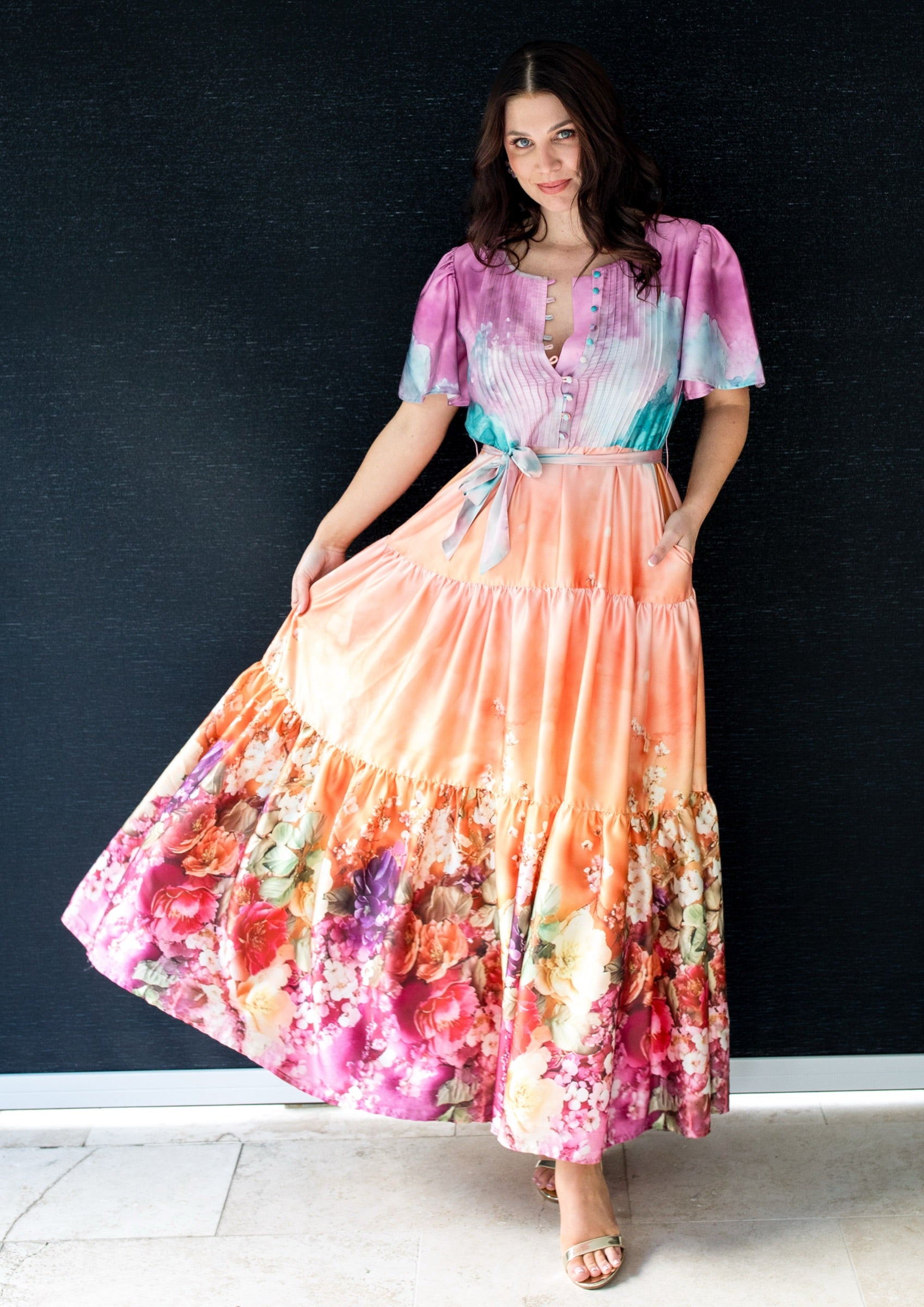 monet off the shoulder mixed media maxi dress Monet's Garden dress – RicRac Road